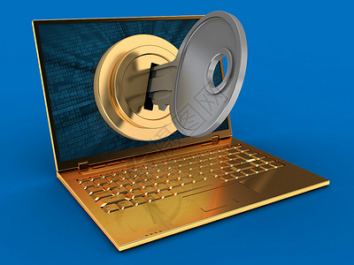 3d金色计算机的蓝背景图解带有二进制数据屏幕和键锁定的金色计算机图片