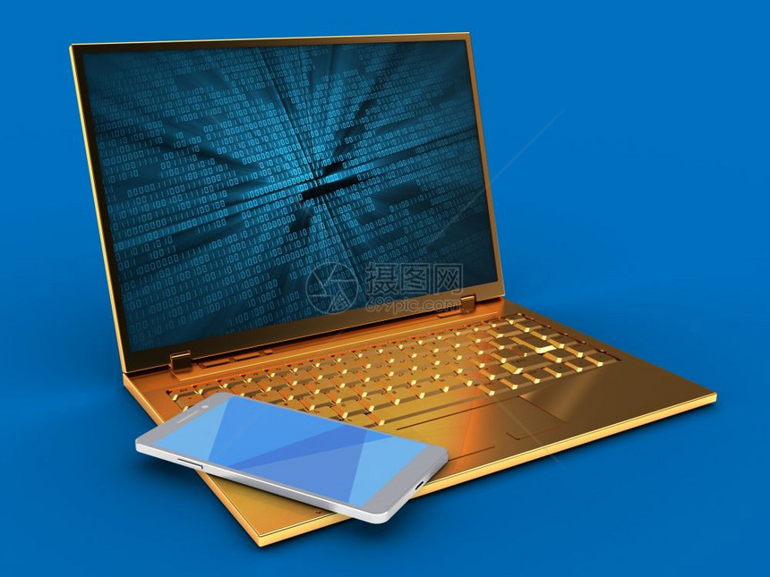 3d金色计算机蓝背景的3d插图配有二进制数据屏幕和移动电话图片