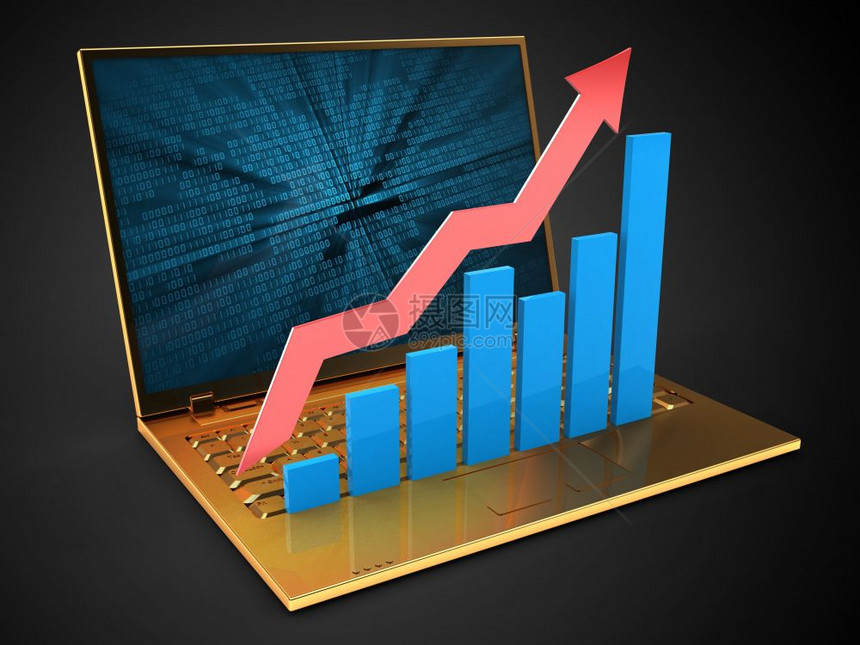 3d金色计算机在黑背景上加二进制数据屏幕和不断上升的图表3d插图片