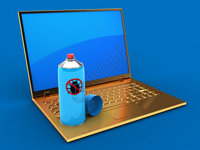3d蓝色背景的金计算机图示蓝色背景反射屏幕和图片