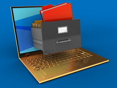 3d金色计算机蓝背景图示3d蓝色屏幕和档案图片