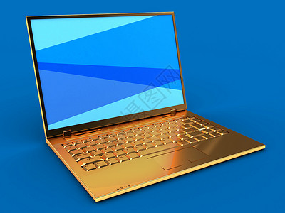 3d金色计算机蓝背景和屏幕的3d插图图片