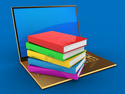 3d以蓝色背景和反射屏幕书籍为金色电脑图示图片