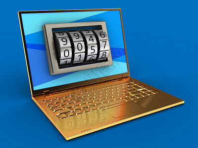 3d插图金色电脑在蓝背景和屏幕密码锁的蓝色背景上图片
