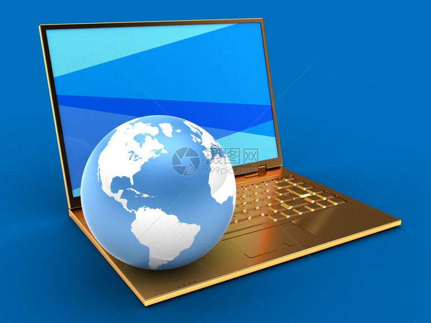 用蓝色屏幕和地球显示蓝色背景的金电脑3d插图图片