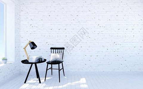 白色砖制现代客厅内带有居住空间黑家具和隔壁房间窗户图片