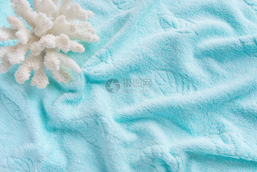 棉田蓝毛巾背景上的美丽白海珊瑚被浪压碎图片
