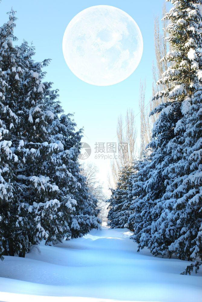 白雪覆盖的小巷上巨大银色月亮图片