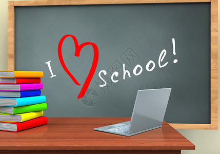 3d插图刻有爱情学校课本和笔记电脑的黑板教师服务台图片