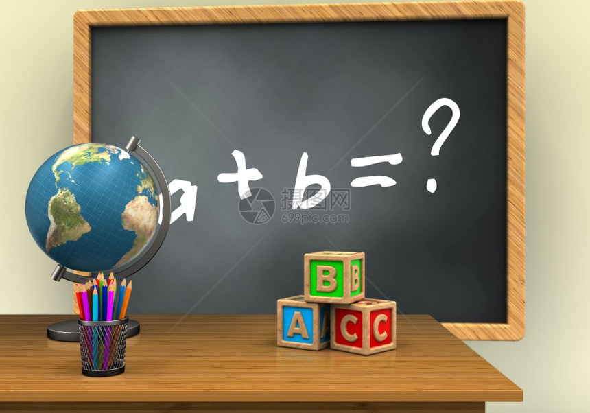 3d以数学练习文字和abc立方体为灰色黑板插图桌面图片