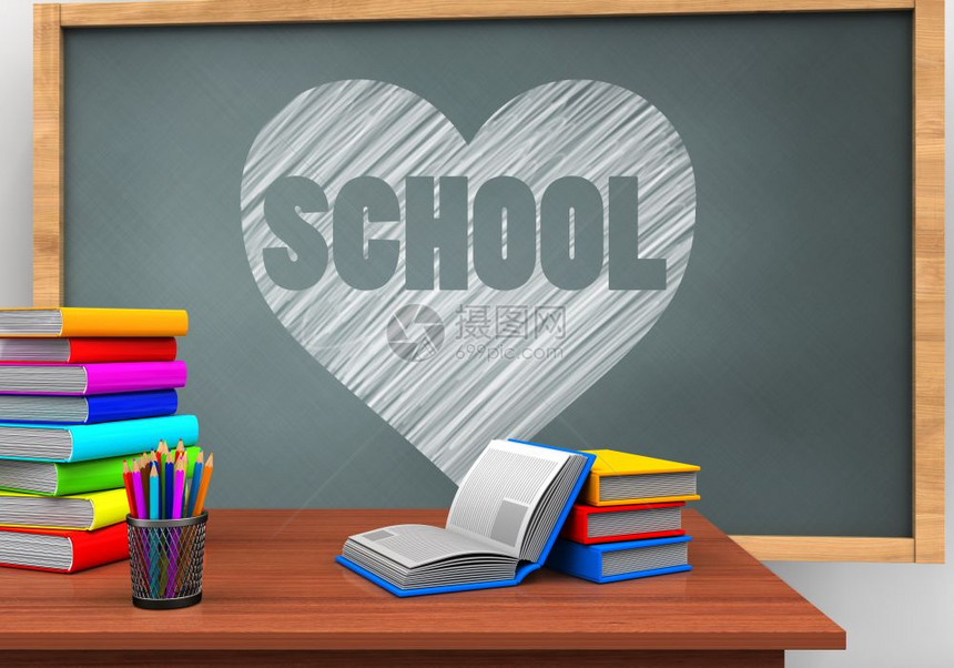 3d插图刻有心脏和学校课本书籍的黑板刻有心和学校课本书籍的黑板图片
