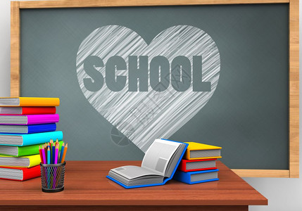 3d插图刻有心脏和学校课本书籍的黑板刻有心和学校课本书籍的黑板图片