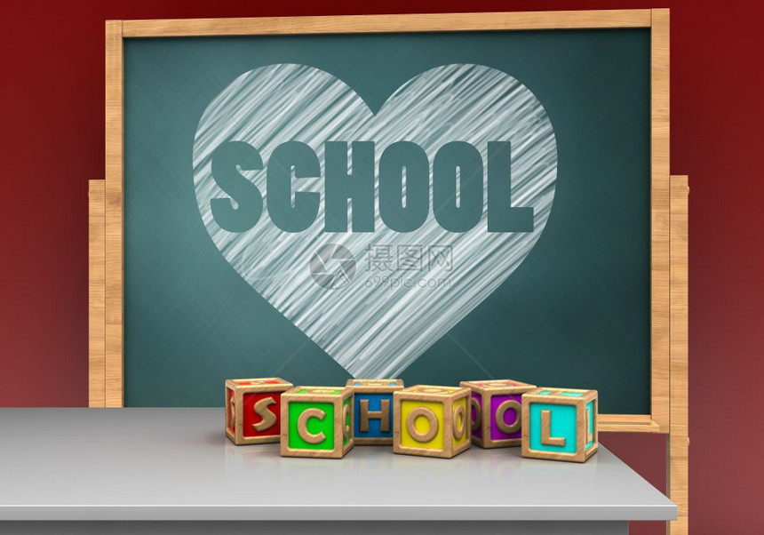 3d显示用心和学校文字母立方体的棋盘白桌图片