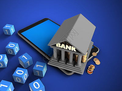 钱进3d以蓝色背景用二进立方体和银行两用手机插图蓝色背景