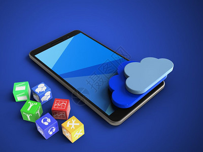 3d以蓝色背景用立方体和云层绘制的移动电话图青色背景图片
