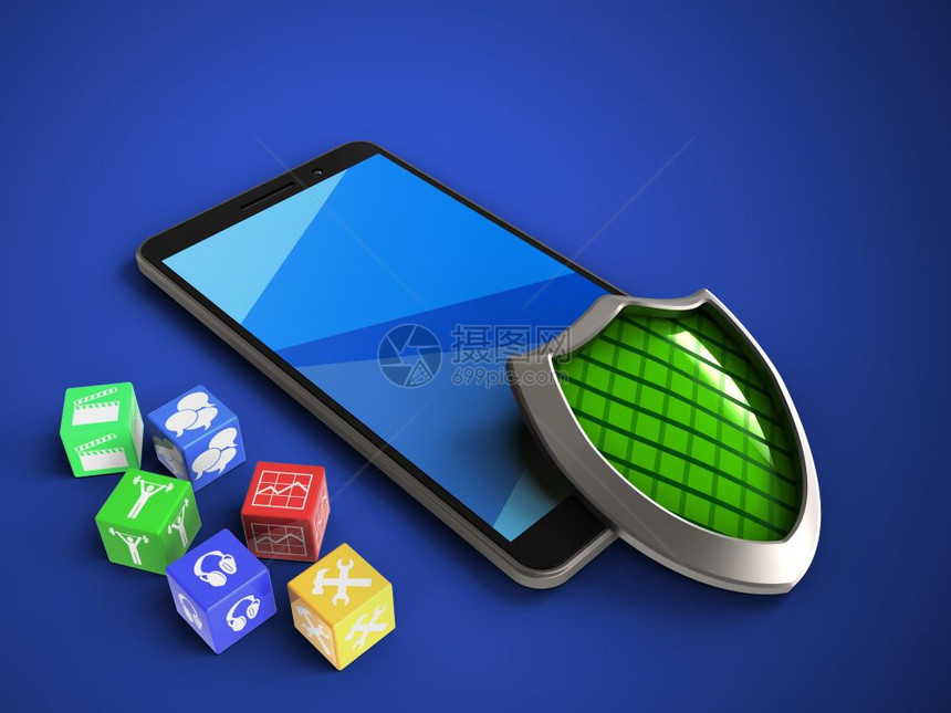 3d以蓝色背景用立方体和屏蔽移动电话插图立方体图片
