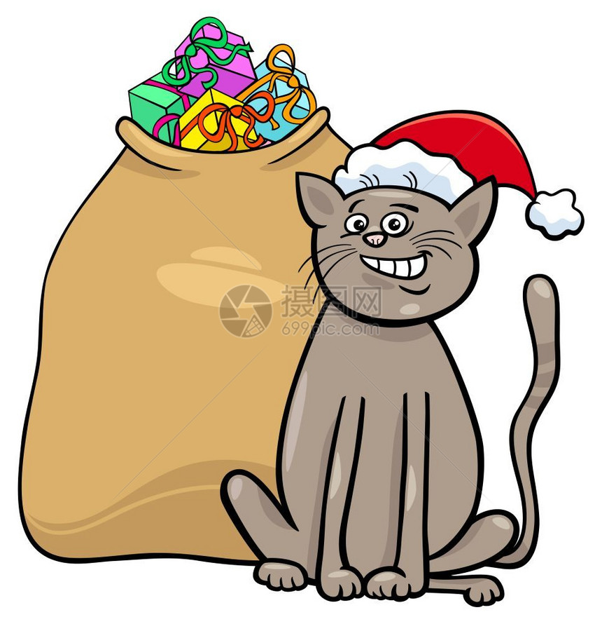卡通戴圣诞帽的猫图片