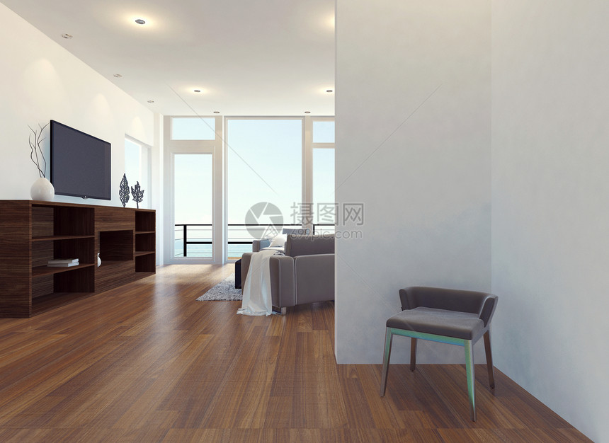 现代公寓客厅内有海景3D图片