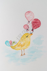 小鸡拿气球可爱的小鸟上面有气球水彩色的手画图上面写着贺卡贴纸海报横幅背景