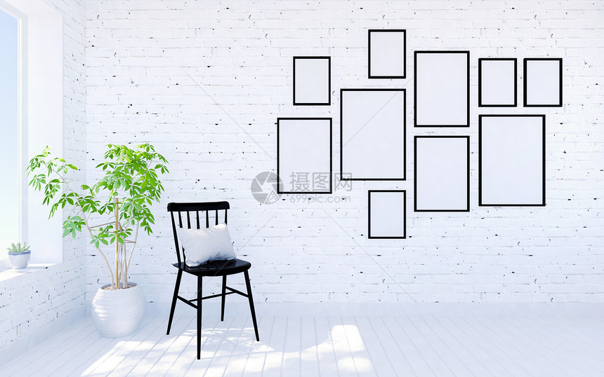 白色砖制现代客厅室内墙上有居住空间和照片框图片