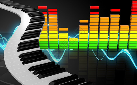 3d钢琴键在声音波黑色背景上插图空白图片
