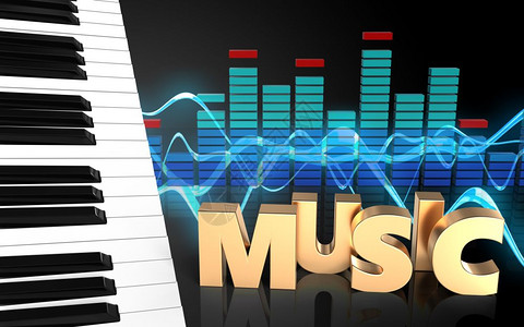 音乐频谱3d音波黑色背景的钢琴键和3d音乐符号频谱背景