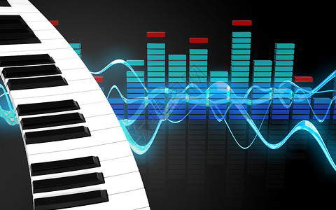 3d演示钢琴键盘在声波黑色背景上的位置空白频谱图片