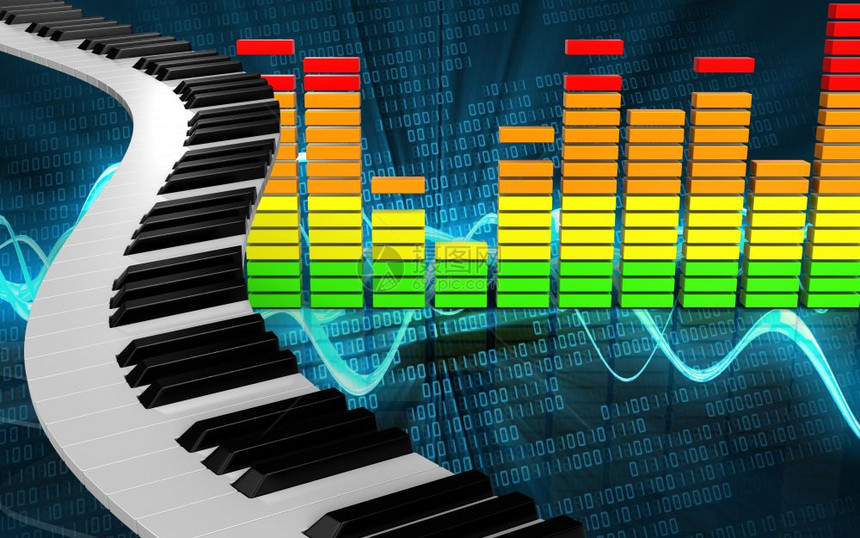 3d钢琴键相对于音波数字背景的3d插图空白图片