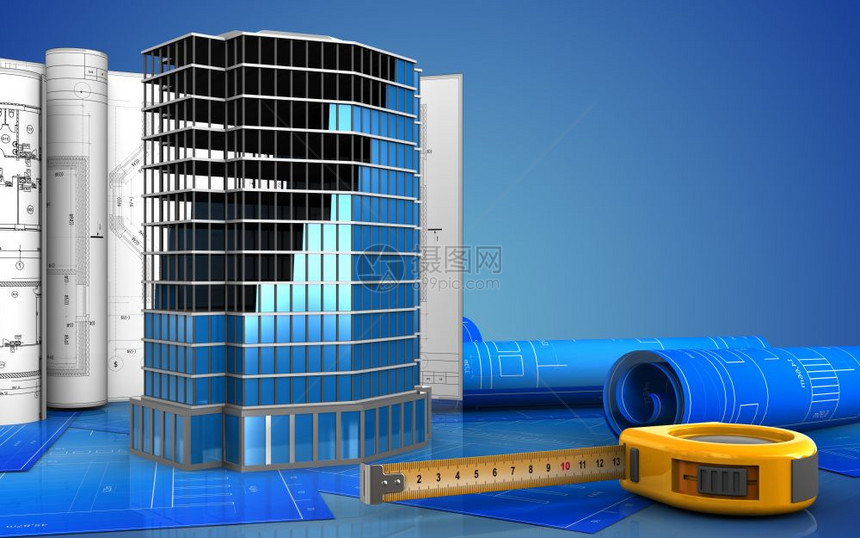 3d以蓝色背景图纸显示办公大楼建筑图案图片