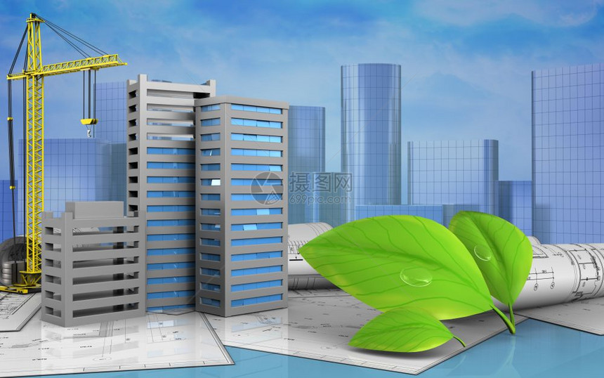 3d城市建筑图以吊起机覆盖摩天大楼背景叶子图片