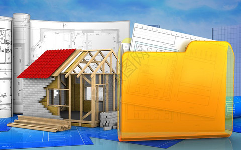 框架房屋的三维插图背景上有图纸框架房屋三维图片