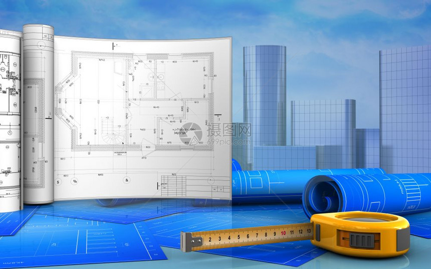 3d标尺图解以摩天大楼背景上的图纸显示尺图片