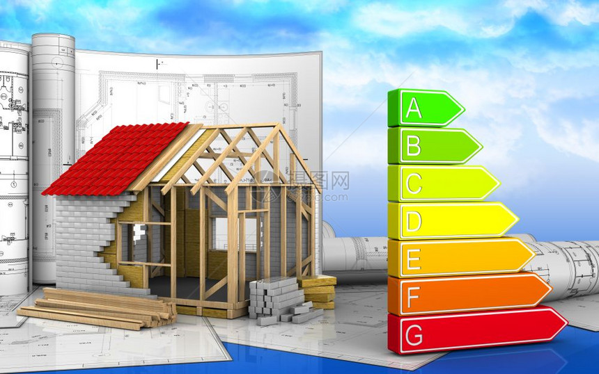 框架房子的3d插图与天空背景的图纸3d图纸图片