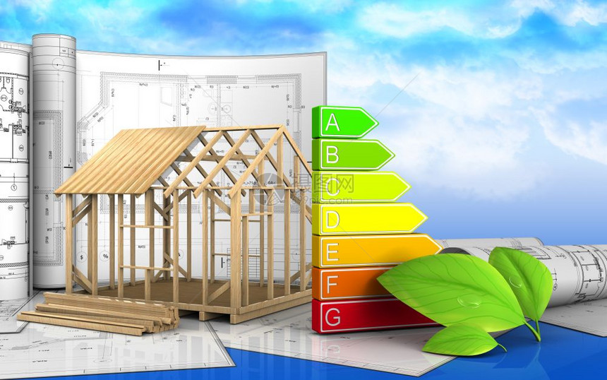 框架房屋建筑的3d插图与天空背景的图纸3d图纸图片