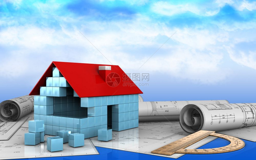 3d插图说明在天空背景上建筑住宅区块绘图卷图片