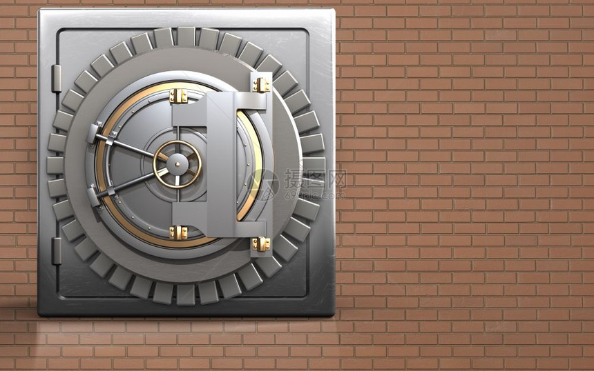 3d金属保险箱在砖墙背景上有银行门安全金属图片