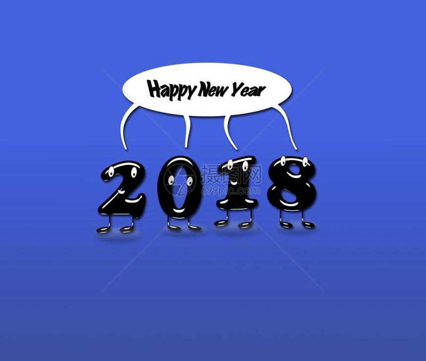 2018年的卡通配有语言混合文本快乐的新年蓝色背景3d翻譯图片
