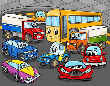 滑汽车和辆角色组的漫画插图图片