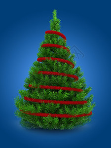 3d说明绿色圣诞树在蓝背景和红锡罐之上的绿圣诞树图片