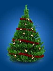 3d说明绿色圣诞树在蓝背景和红铁金球之上的绿色圣诞树图片