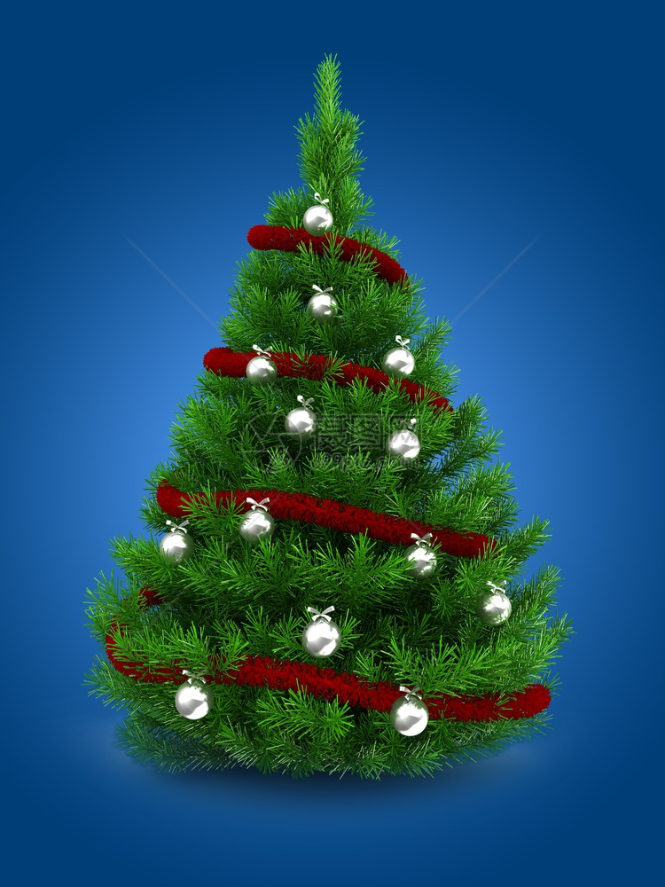 3d以红色锡浆和铬球为蓝底绿色圣诞树和红锡浆铬球插图3d图片