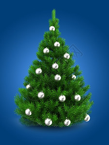 3d以银球在蓝底的绿色圣诞树图片