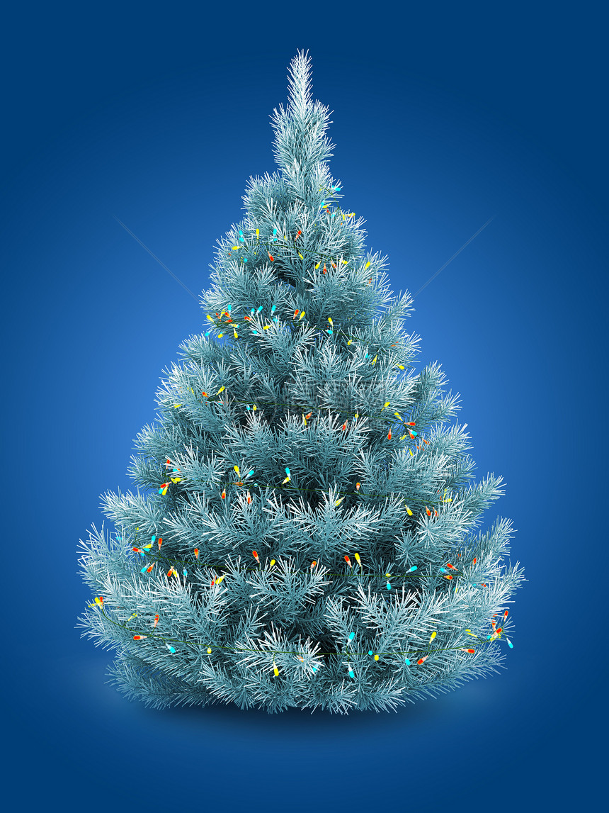 3d蓝色圣诞树背景有灯光图片