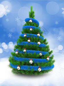 3d绿色圣诞树在雪底的绿色上加蓝球和金属图片