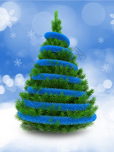 3d绿色圣诞树在雪底的绿色上用蓝的锡灰来说明图片