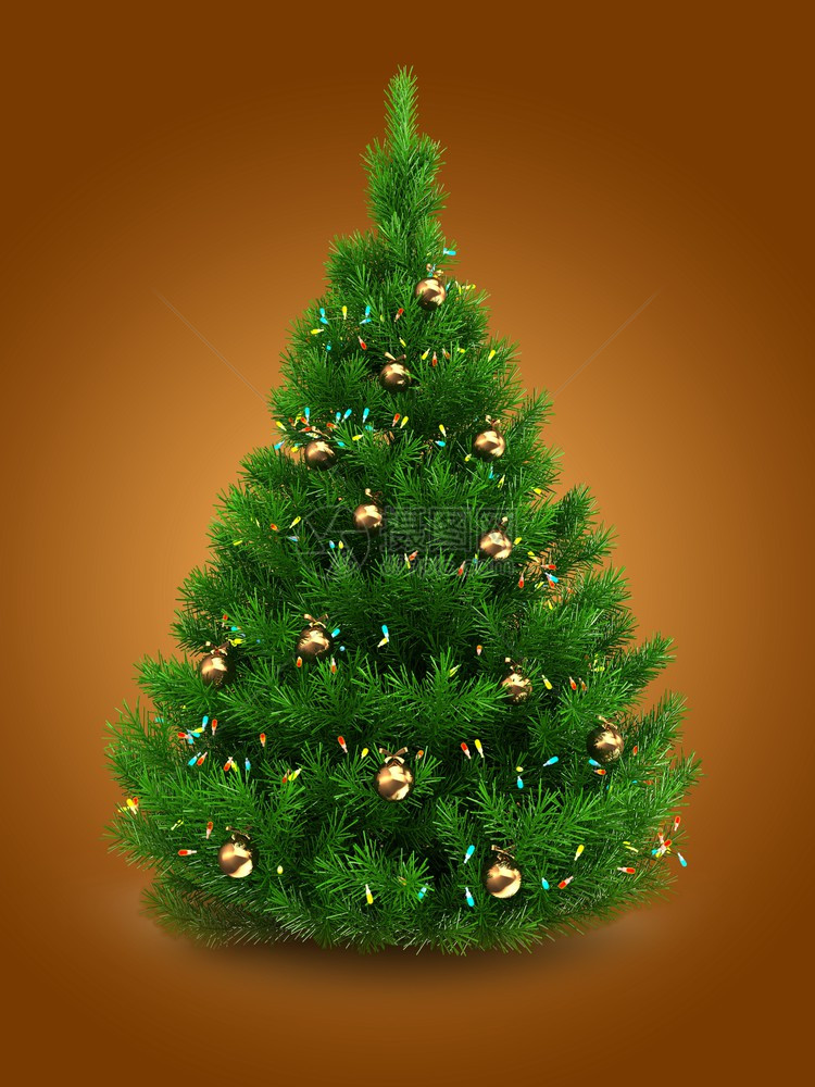 3d绿色圣诞树在橙背景之上有灯光和金球的绿色圣诞树图片