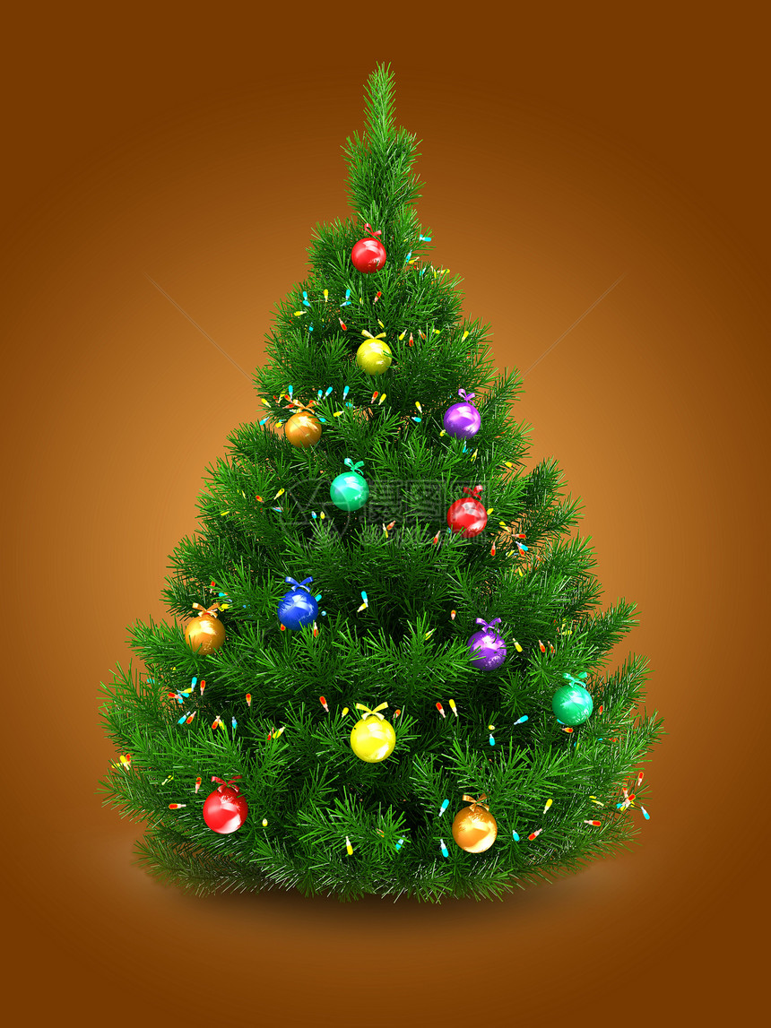 3d绿色圣诞树在橙背景上加灯光和玻璃球的绿色圣诞树插图图片