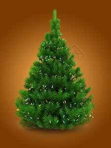 3d绿色圣诞树在橙背景上加灯光的绿色圣诞树插图图片