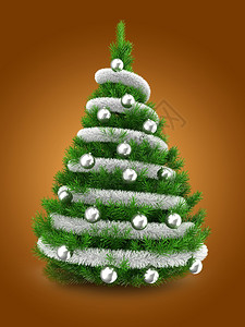 3d说明在橙色背景上用锡灰和银球种植绿色圣诞树图片