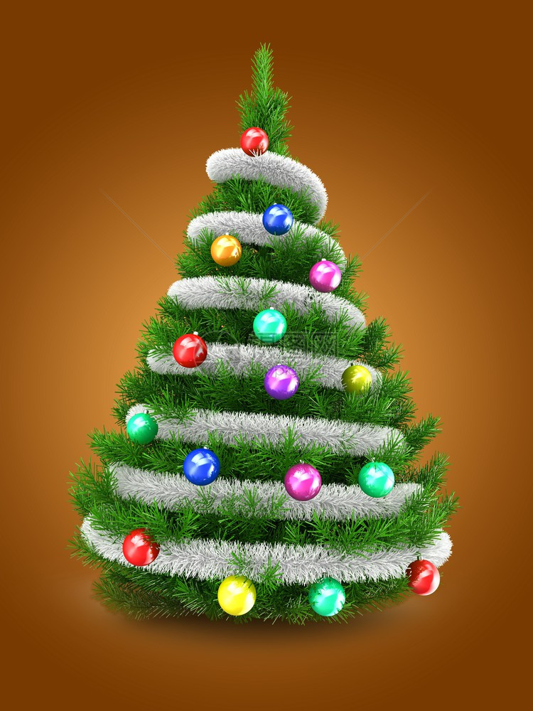 3d说明在橙色背景之上的绿圣诞节树上加丁灰色和多彩球的绿圣诞树图片
